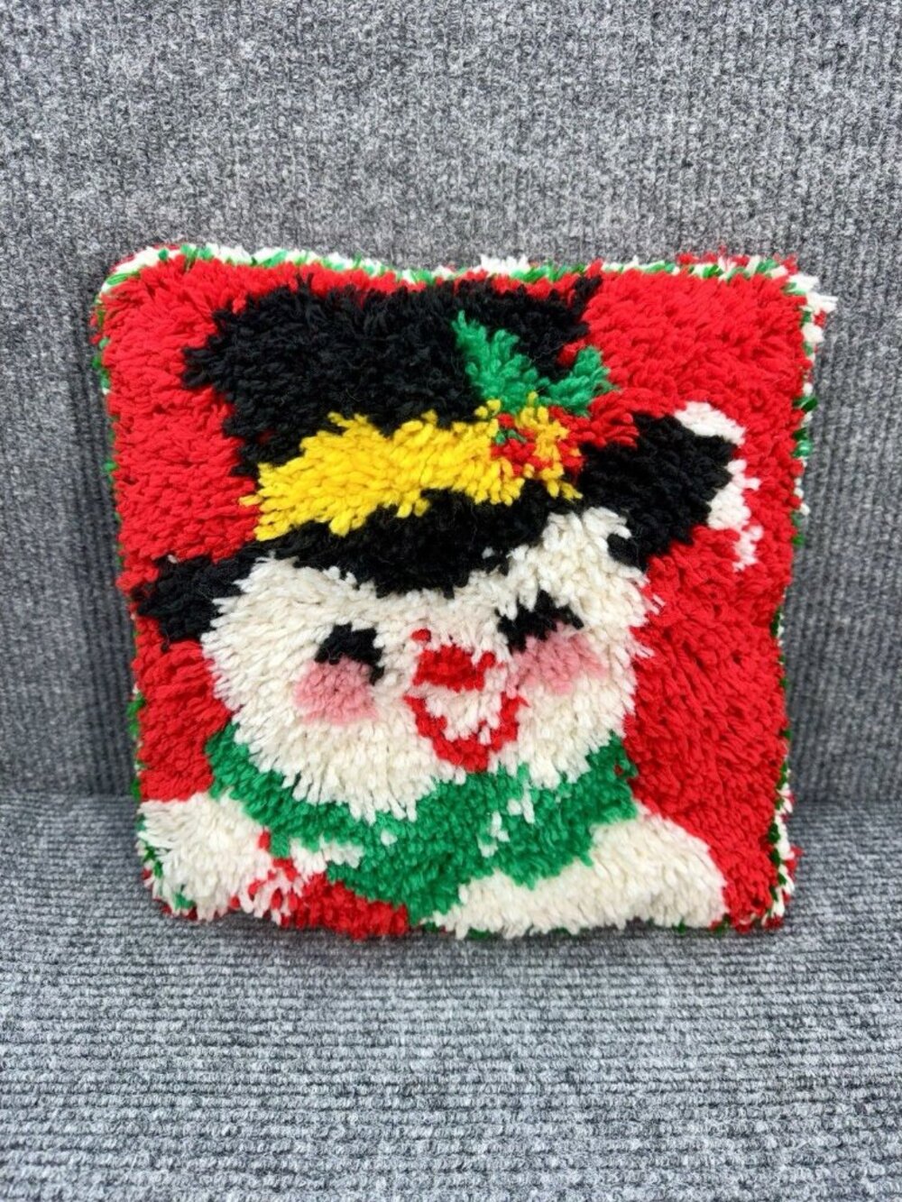 Vintage Snowman Latch Hook Throw Pillow Red Christmas 13” x 13” Square Handmade